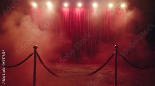 The stage is dark, with red curtains and spotlights shining on the ground. 