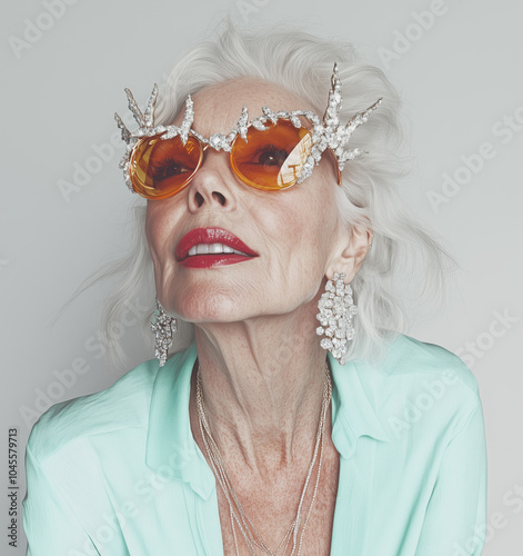 Edgy Jewelry portrait of Female senior fashion model, elderly, old woman, wearing a pearl sunglasses and earrings for fashion magazine. her hair is silver, natural beauty, aging gracefully concept photo