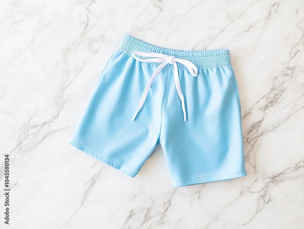 Swim shorts laying on marble surface, blank design template with elegant minimal background Swim shorts laying on marble surface, blank design template with elegant minimal background