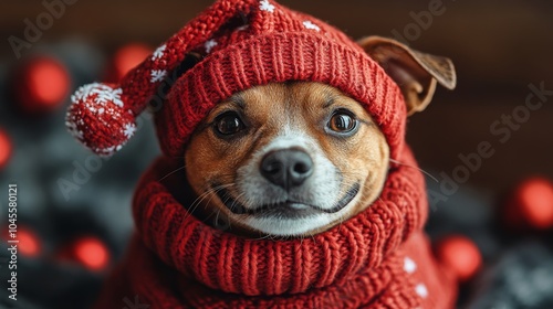 Pets dressed in Christmas outfits surrounded by festive decorations. Featuring dogs and cats celebrating with holiday cheer and joyful expressions. Ideal for Christmas-themed pet content. photo