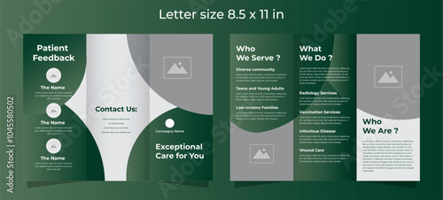 Trifold brochure template for medical care in dark green gradient colors