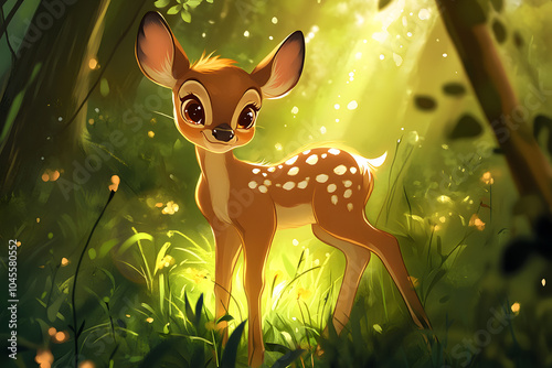 Cute cartoon illustration of an deer in the forest, wild bambi surrounded by flowers and leafs