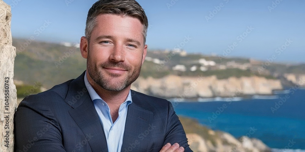 Confident Businessman Smiling Ocean View Success Leadership Confident Businessman Smiling Ocean View Success Leadership