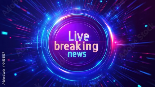 Vibrant digital background with Live breaking news text, featuring dynamic neon lights and futuristic design elements. image conveys urgency and excitement