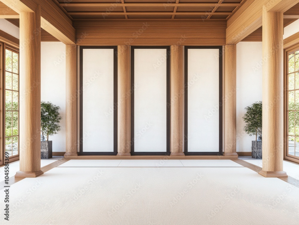 Spacious interior with wooden pillars and blank walls, ideal for minimalist design and decoration. Spacious interior with wooden pillars and blank walls, ideal for minimalist design and decoration.