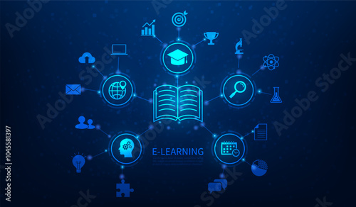 e-learning online education with icon technology. knowledge library and online lessons. vector illustration fantastic icon study technology.