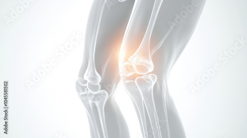 The image illustrates a close-up view of a human knee joint with emphasis on its anatomy, highlighting the structures around the joint and signs of inflammation