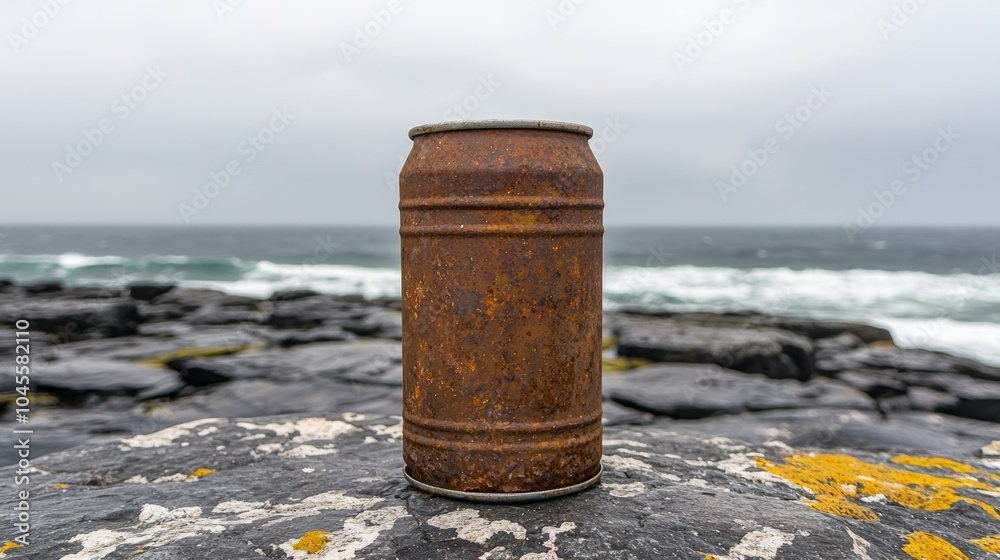 Rusty Can on Rocky Shoreline with Ocean Background Rusty Can on Rocky Shoreline with Ocean Background