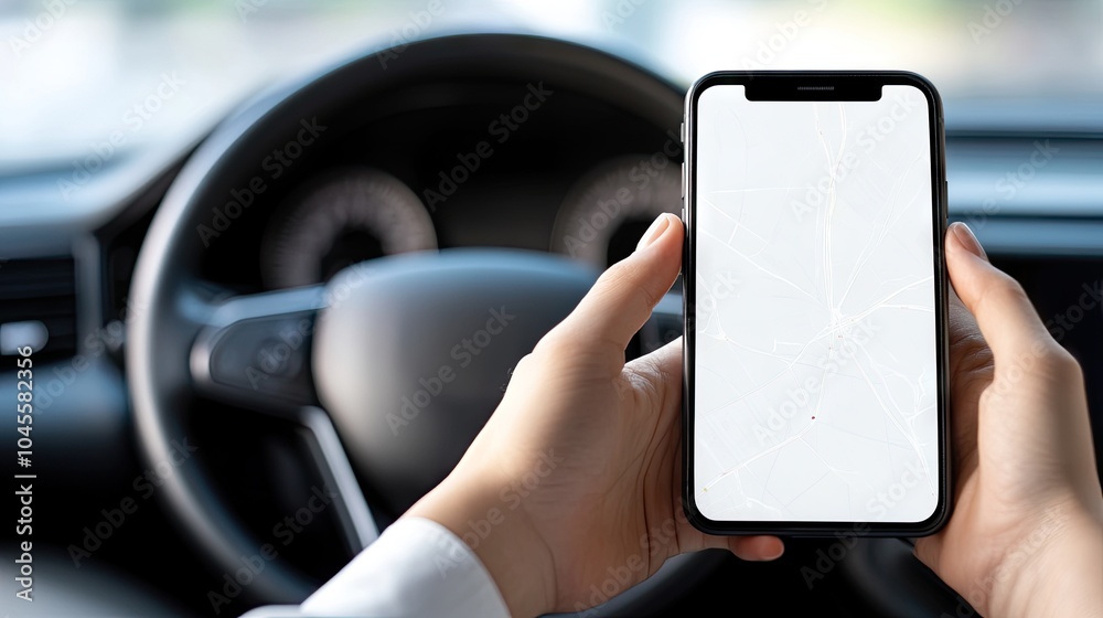 A smartphone in a car holder guides the way with a digital map during a road trip adventure on a bright day A smartphone in a car holder guides the way with a digital map during a road trip adventure on a bright day