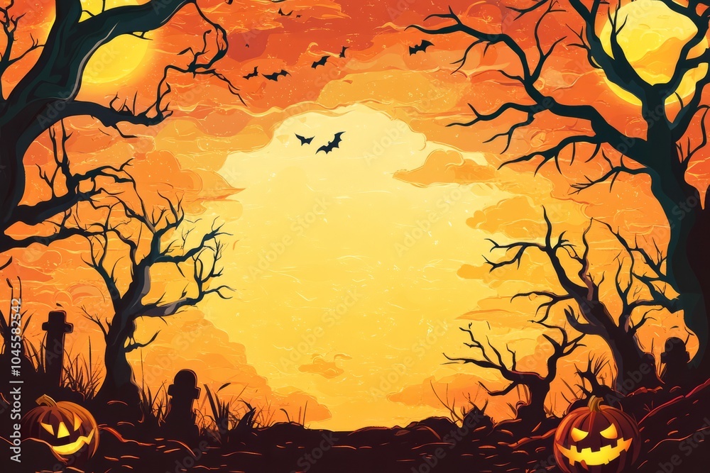 Creepy carved pumpkins on orange background with space for text - Halloween party decoration. Creepy carved pumpkins on orange background with space for text - Halloween party decoration.