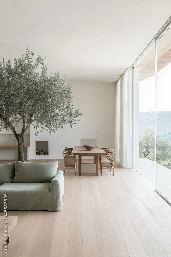 Fototapeta premium A contemporary living room with a matte sage-green sofa, and a wooden coffee table with a dwarf olive tree 
