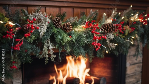 Festive Garland and Twinkling Lights Above a Roaring Fireplace