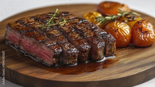 succulent brisket beautifully arranged on a rustic wooden plate spotlighted against a clean white background the presentation highlights the dishs mouthwatering appeal