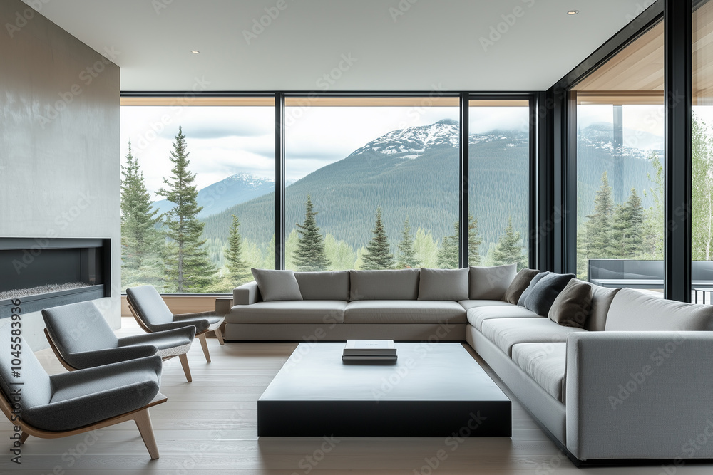 Fototapeta premium A contemporary living room with a matte sage-green sofa, and a wooden coffee table with a dwarf olive tree 