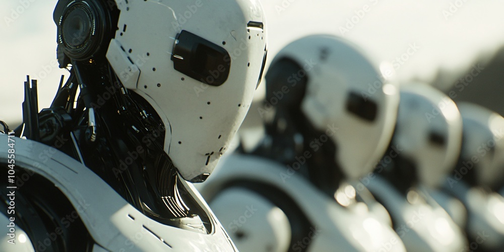 Fototapeta premium Futuristic robots lined up ready for deployment in a high-tech facility during advanced research and development