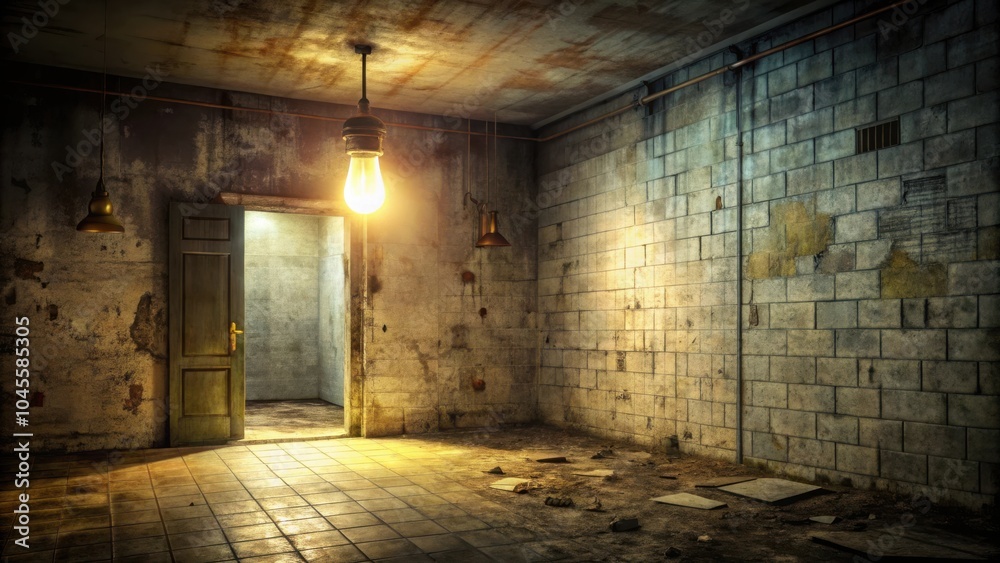 A single lightbulb casts a warm glow in an abandoned room with a cracked brick wall, tiled floor, and a door leading to an unknown space. A single lightbulb casts a warm glow in an abandoned room with a cracked brick wall, tiled floor, and a door leading to an unknown space.