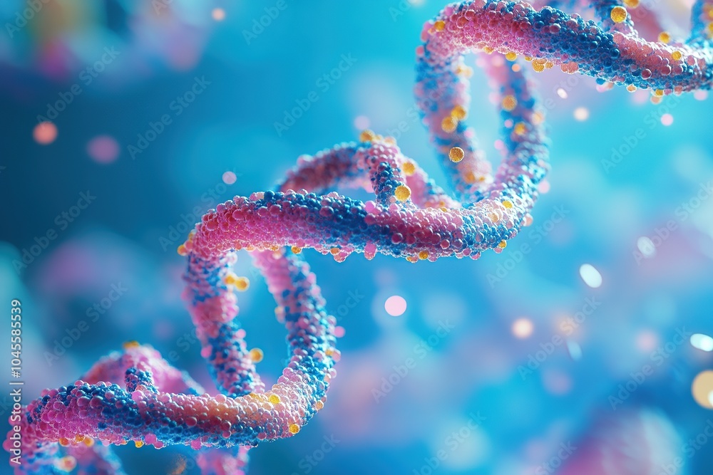 Close-up of a DNA double helix, against a blue background Close-up of a DNA double helix, against a blue background