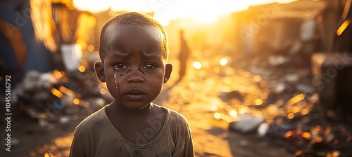 Young child in worn clothes stands among trash with golden sunset illuminating a slum in the background, highlighting socio-economic challenges photo