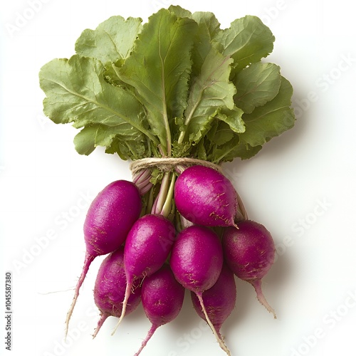 A bunch of fresh, vibrant purple radishes.