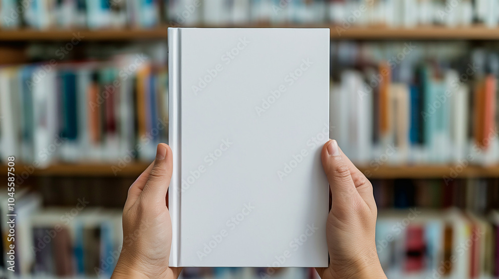 Woman holding a blank book in a library. Empty copy space for text Woman holding a blank book in a library. Empty copy space for text