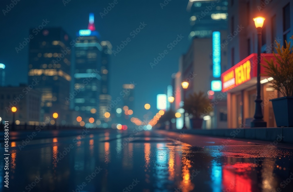 A blurred background with silhouettes of skyscrapers, streetlights, wet roads and small buildings. Evening time, urban landscape. A blurred background with silhouettes of skyscrapers, streetlights, wet roads and small buildings. Evening time, urban landscape.