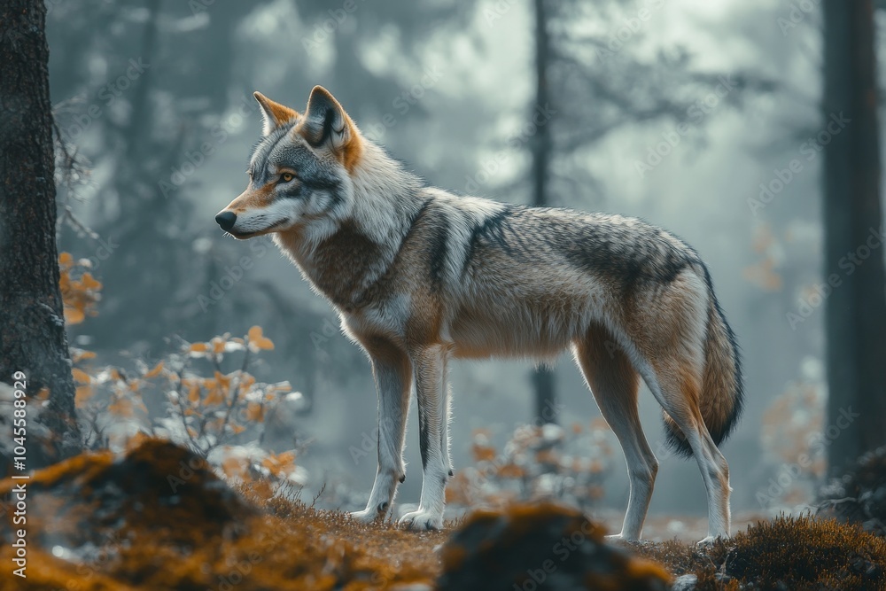 Fototapeta premium A lone wolf stands in a misty forest, its fur blending with the muted colors of the surrounding trees.