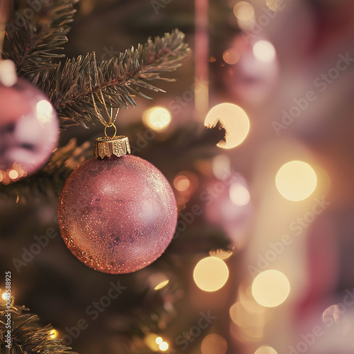 Closeup of a Glittery Pink Christmas Ornament on a Christmas Tree. photo