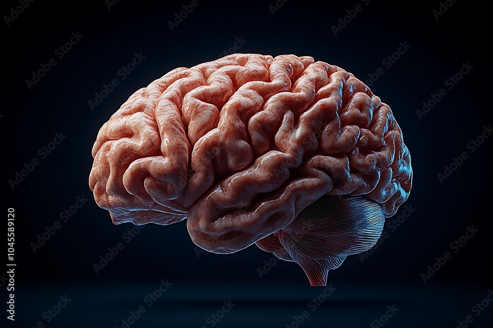 A detailed 3D rendering of a human brain on a dark background. A detailed 3D rendering of a human brain on a dark background.