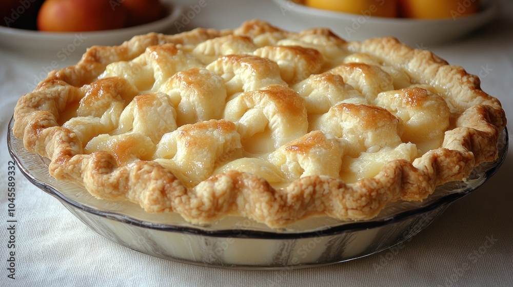 Delicious apple pie with a flaky crust cooling in a cozy kitchen setting Delicious apple pie with a flaky crust cooling in a cozy kitchen setting