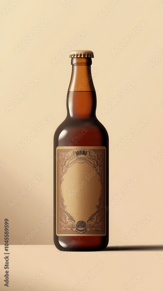 A stylish craft beverage bottle showcases an elegant label design on a soft backdrop A stylish craft beverage bottle showcases an elegant label design on a soft backdrop