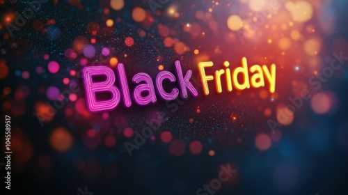 Glowing letters spell Black Friday against a backdrop of colorful bokeh lights