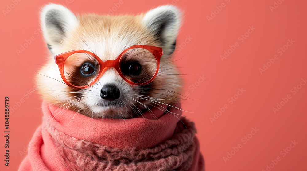Stylish red panda wearing glasses and a scarf on a coral background. Banner with copy space Stylish red panda wearing glasses and a scarf on a coral background. Banner with copy space