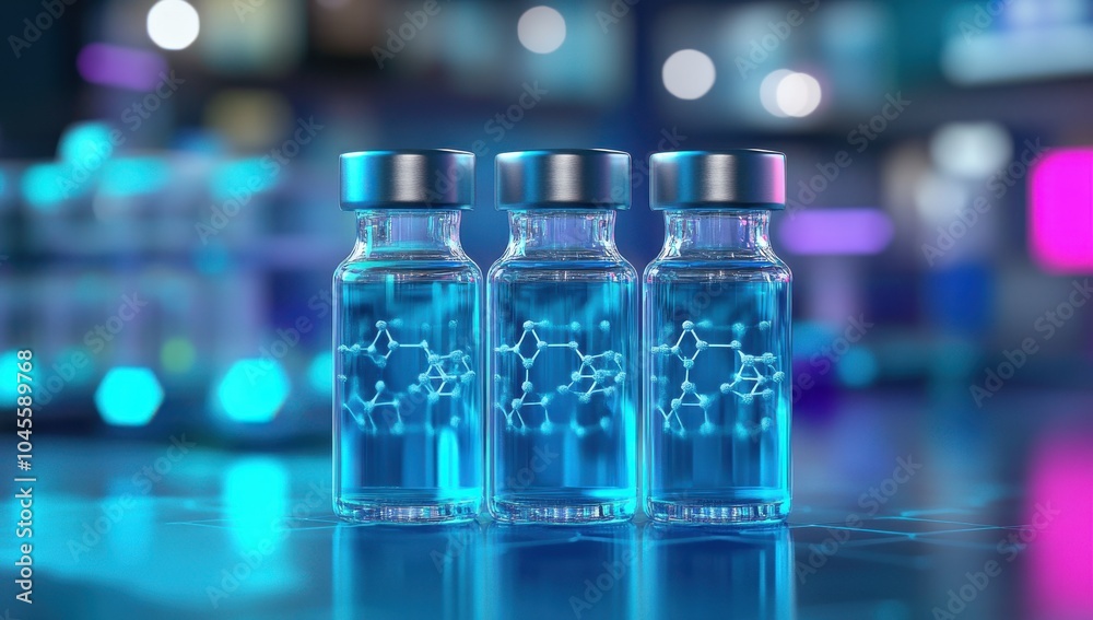 3D rendering of glowing vials with chemical structures in lab setting, high-resolution photo 3D rendering of glowing vials with chemical structures in lab setting, high-resolution photo
