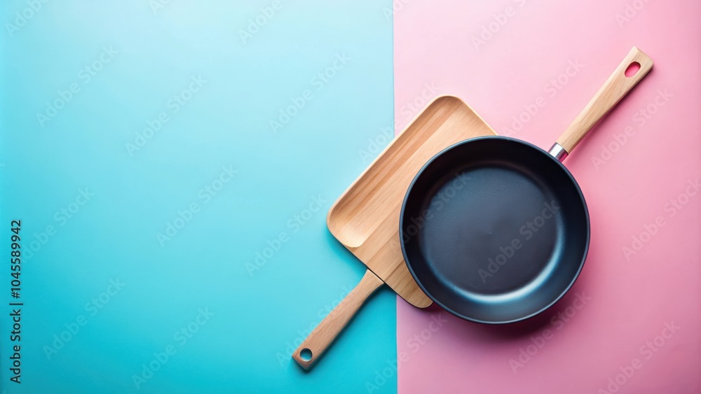 A black frying pan with a wooden handle lays on a light pink surface, partially on a light brown wooden cutting board, with a light blue surface in the background. A black frying pan with a wooden handle lays on a light pink surface, partially on a light brown wooden cutting board, with a light blue surface in the background.