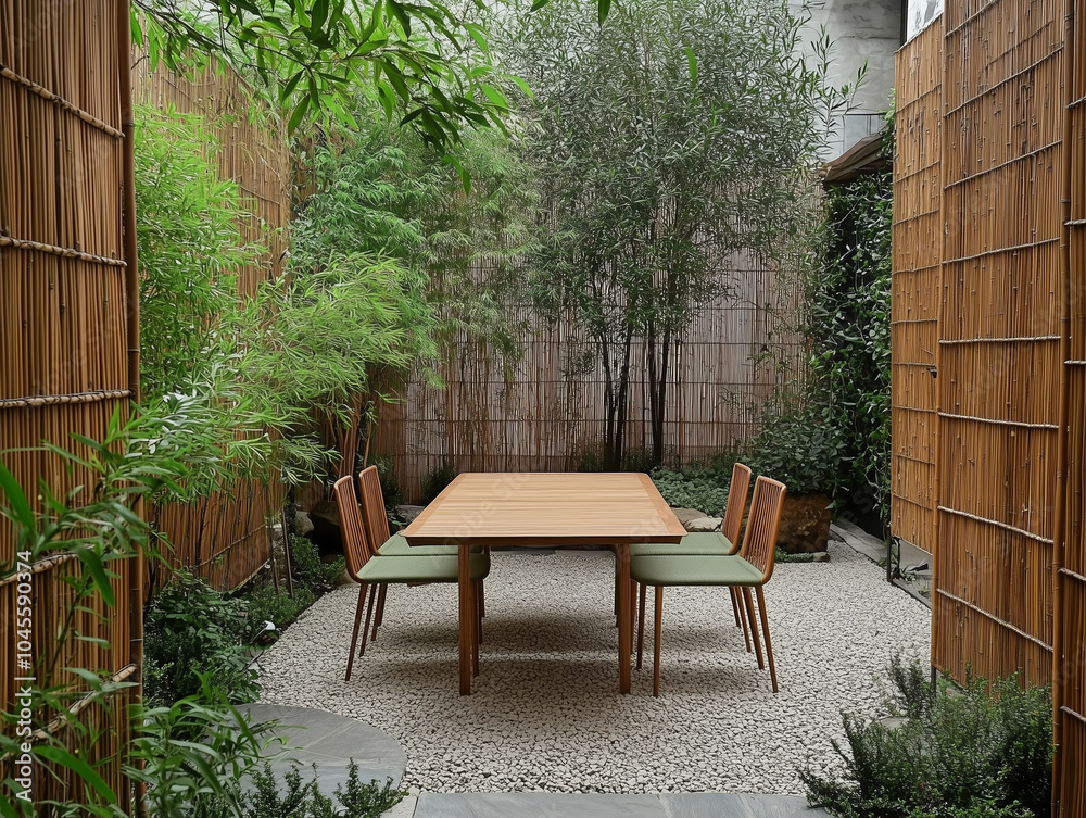 Obraz premium A rustic outdoor dining area backyard garden with a wooden bench paired with a natural oak table. A dwarf olive tree stands tall nearby 