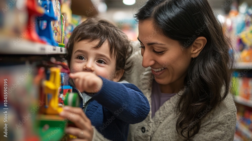 Mother Helping Child Choose a Toy in Store Mother Helping Child Choose a Toy in Store