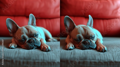 A sleepy French Bulldog snoozes peacefully on a soft couch, enjoying the afternoon light photo