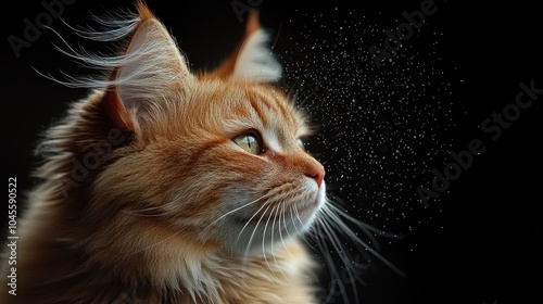 The orange cat observes the faint spectacle of shimmering particles in the air