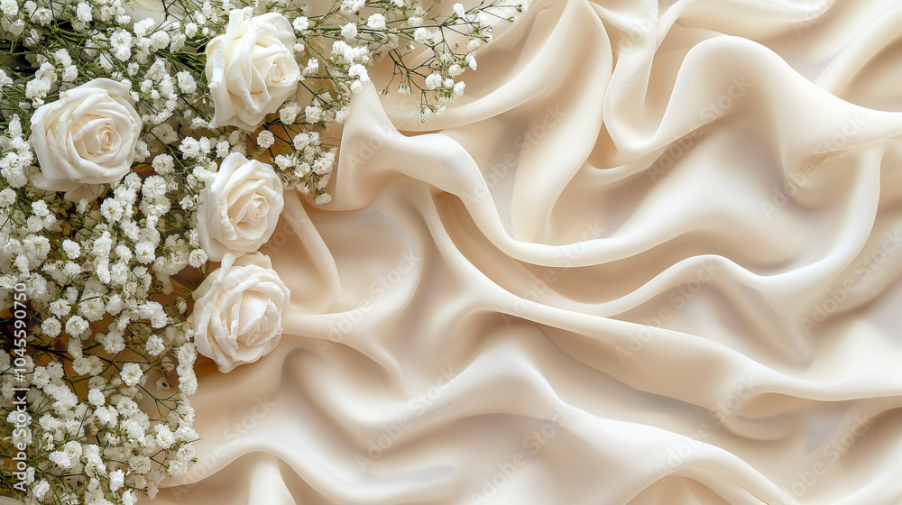 White roses and baby's breath on soft cream silk fabric background. Copy space. Generative AI	