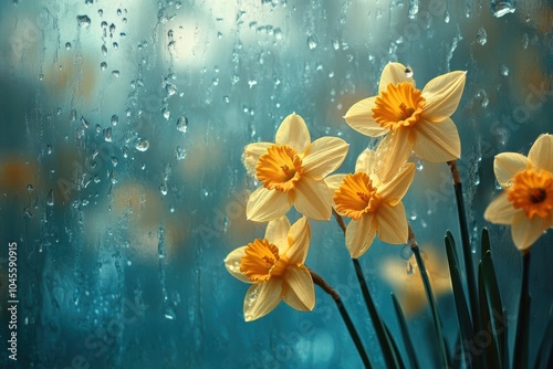 spring renewal, lively daffodils and gentle raindrops on a cyan backdrop, symbolize fresh starts in a vibrant tapestry photo