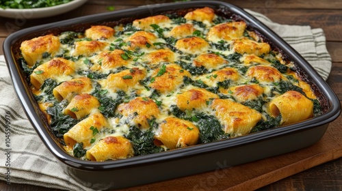 Savor the delightful taste of baked pasta filled with cheesy spinach, fresh from the oven