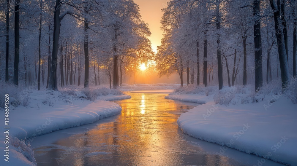 tranquil winter park blanketed in soft snow with frosted trees and a shimmering frozen river reflecting the pale sunset the ethereal beauty of the landscape invites a sense of peace and wonder tranquil winter park blanketed in soft snow with frosted trees and a shimmering frozen river reflecting the pale sunset the ethereal beauty of the landscape invites a sense of peace and wonder