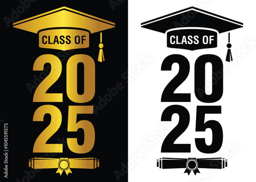 Lettering Class of 2025 for greeting, invitation card. Text for graduation design, congratulation event, T-shirt, party, high school or college graduate. Illustration, vector on transparent and black 