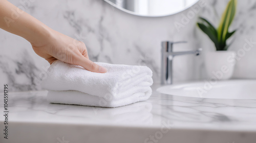 A hand arranging neatly folded white towels on a marble bathroom countertop, showcasing cleanliness and modern decor.