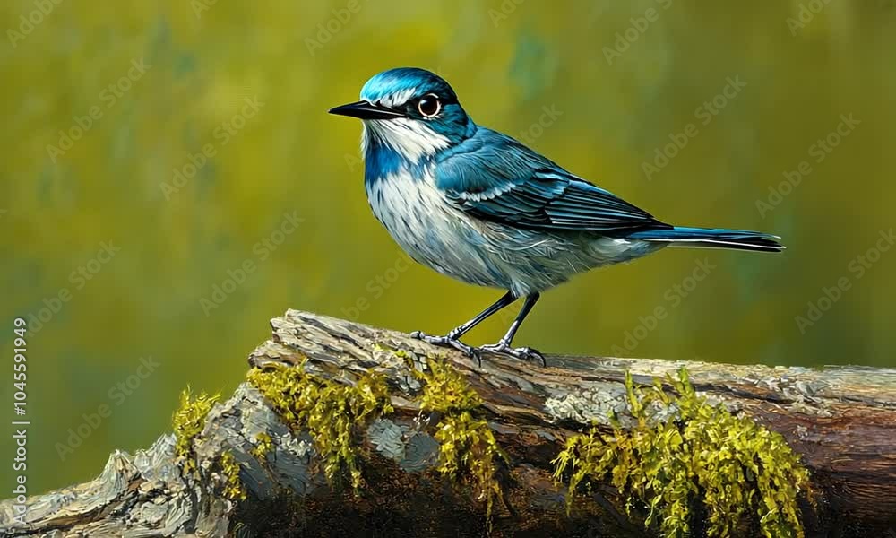 A vibrant blue bird perched on a mossy log against a soft, blurred background. A vibrant blue bird perched on a mossy log against a soft, blurred background.