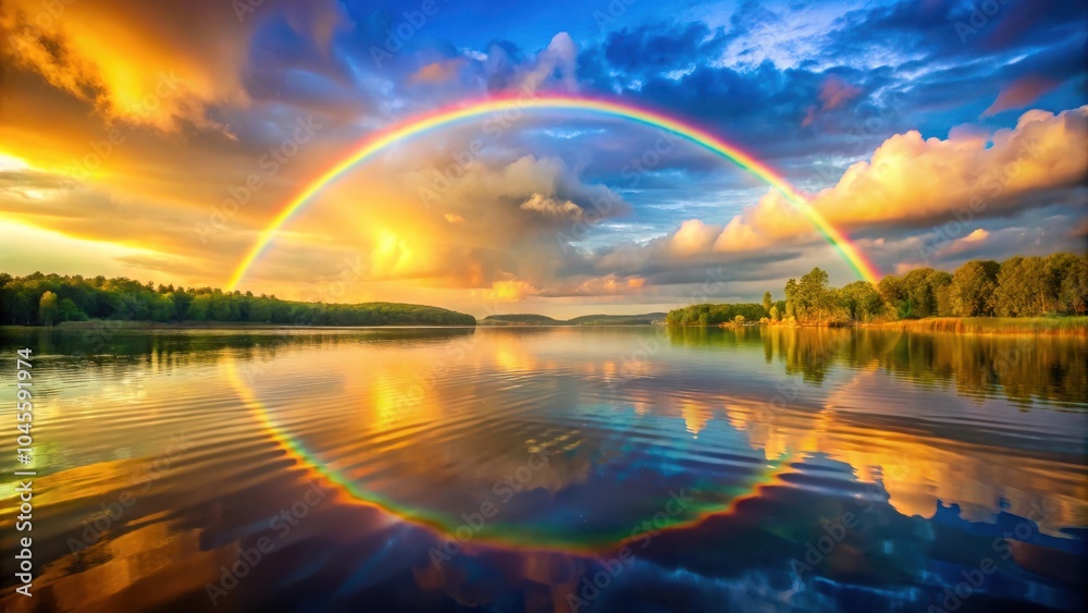 A Perfect Rainbow Arcs Over Still Waters, Reflected in the Calm Surface of a Tranquil Lake Surrounded by Lush Green Trees at Sunset A Perfect Rainbow Arcs Over Still Waters, Reflected in the Calm Surface of a Tranquil Lake Surrounded by Lush Green Trees at Sunset