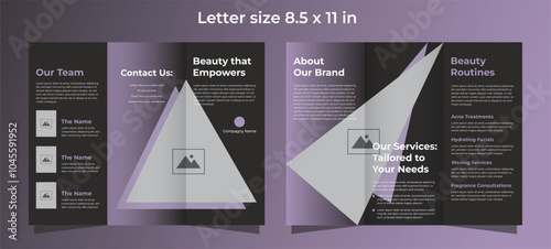 Trifold brochure for beauty care in black and soft purple colors
