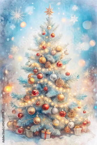 Beautifully Decorated Christmas Tree with Pink and Gold Ornaments, Soft White Branches, and Dreamy  Background