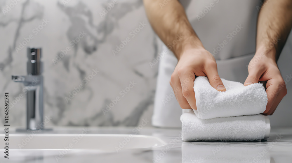 Fototapeta premium Close-up of hands folding white towels neatly on a marble countertop, showcasing cleanliness and organization in a modern bathroom setting.