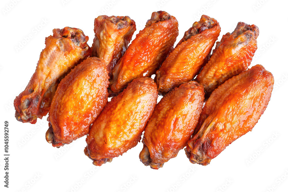 Full-length top view of chicken wings, displayed on a backdrop of sheer transparency. Full-length top view of chicken wings, displayed on a backdrop of sheer transparency.